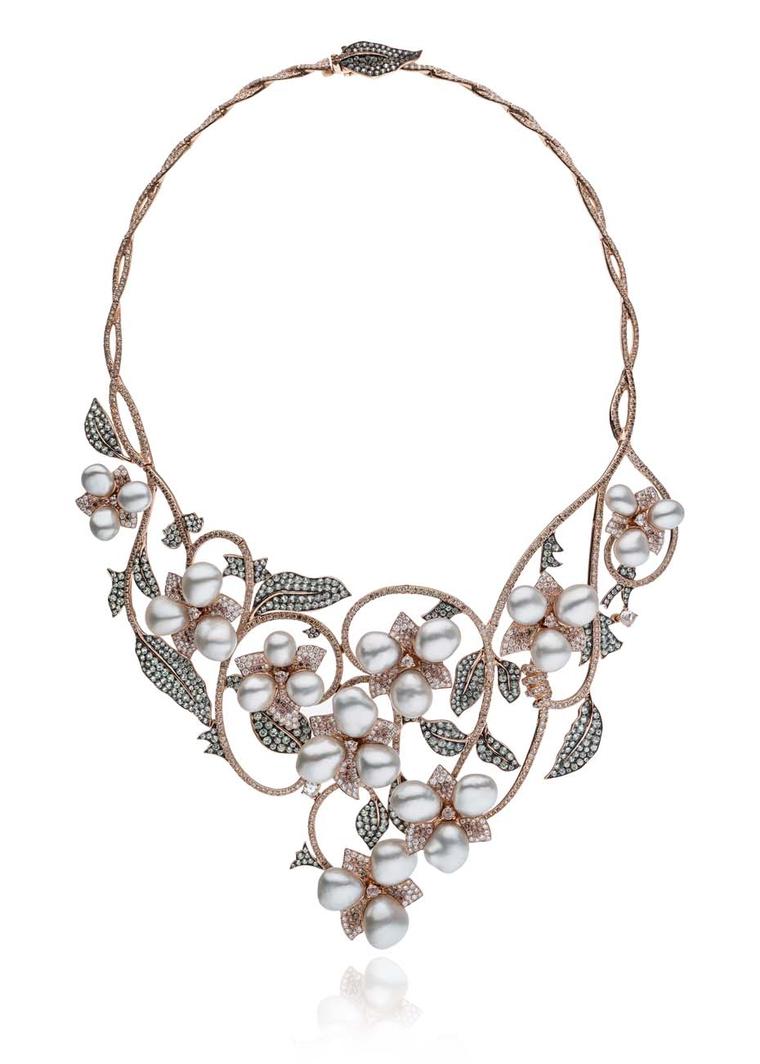 Autore rose gold necklace with South Sea Keshi white pearls, green sapphires, white diamonds, light pink diamonds and brown diamonds from the new Orchid collection.